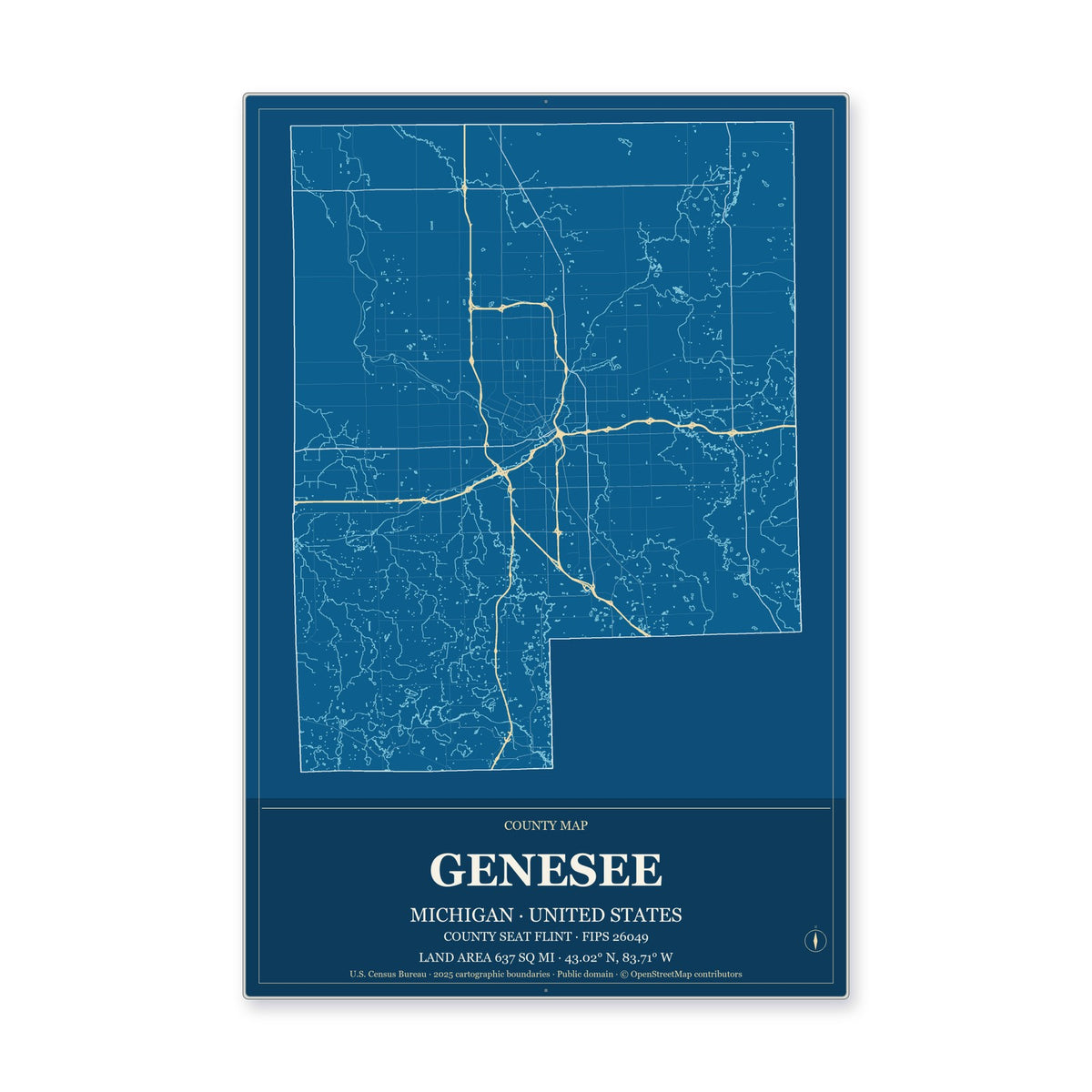 Genesee County, Michigan Map Aluminum Sign in Harbor Cobalt style