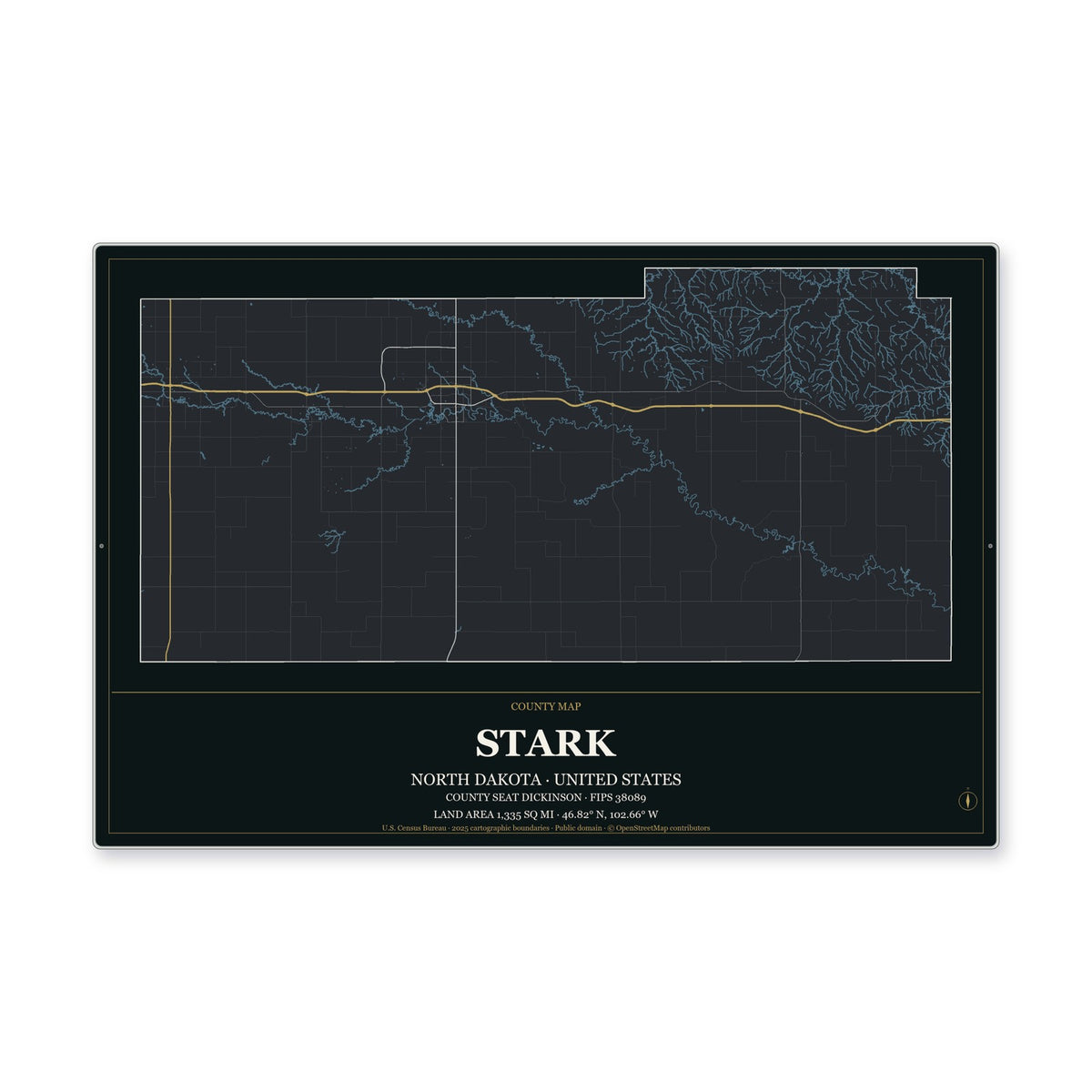 Stark County, North Dakota Map Aluminum Sign in Metropolitan Noir style