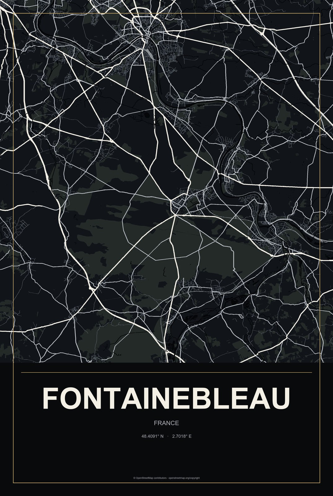 Fontainebleau, France City Map Aluminum Sign in Metropolitan Noir style