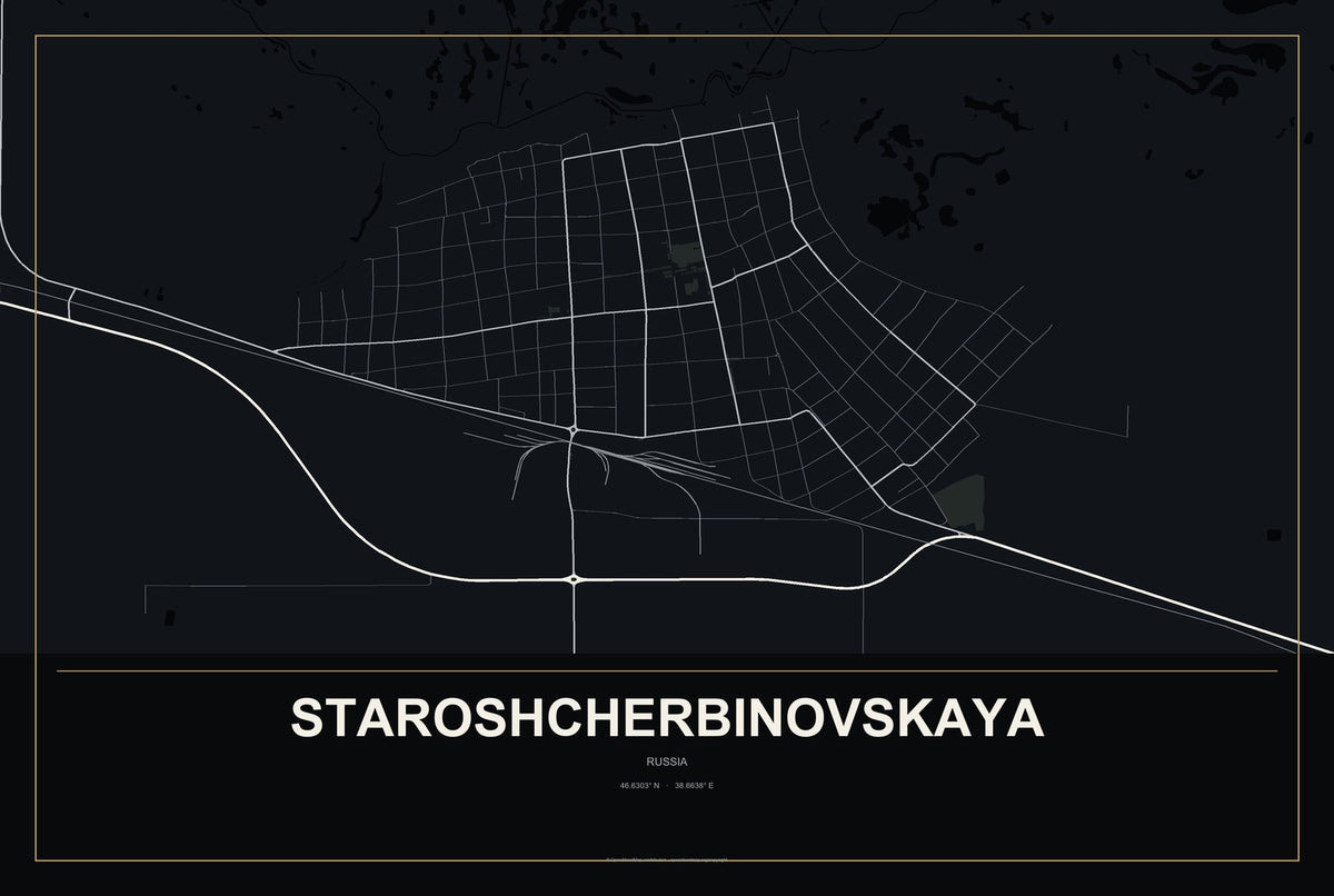 Staroshcherbinovskaya, Russia City Map Aluminum Sign in Metropolitan Noir style