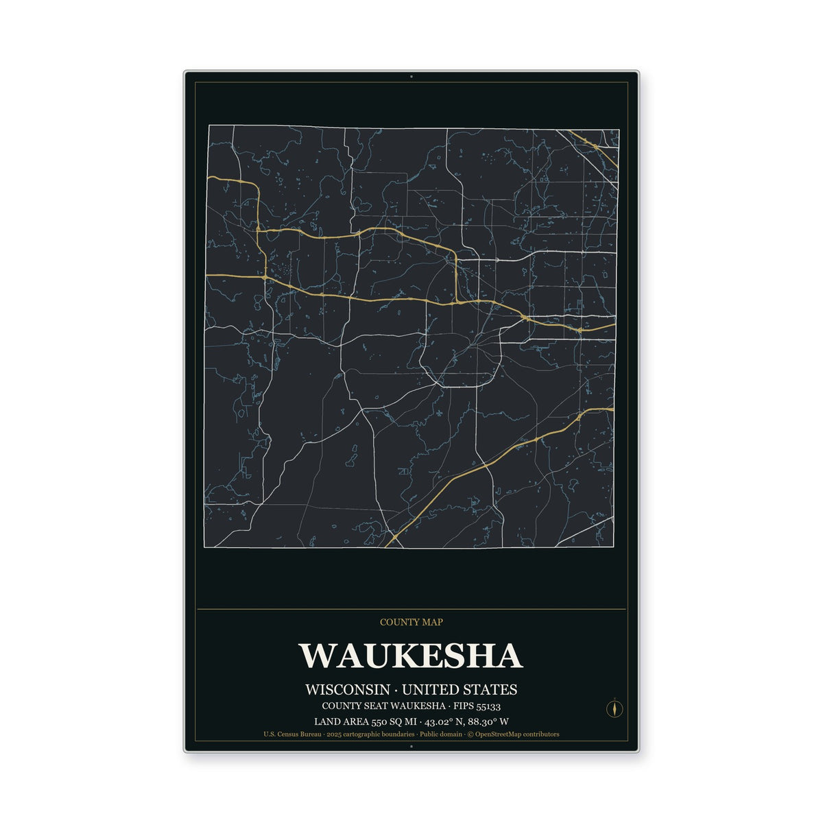 Waukesha County, Wisconsin Map Aluminum Sign in Metropolitan Noir style