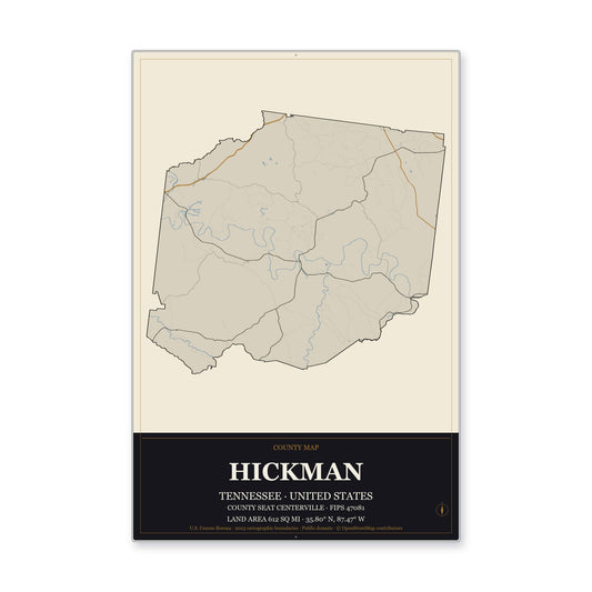 Hickman County, Tennessee Map Aluminum Sign in Museum Plaque style