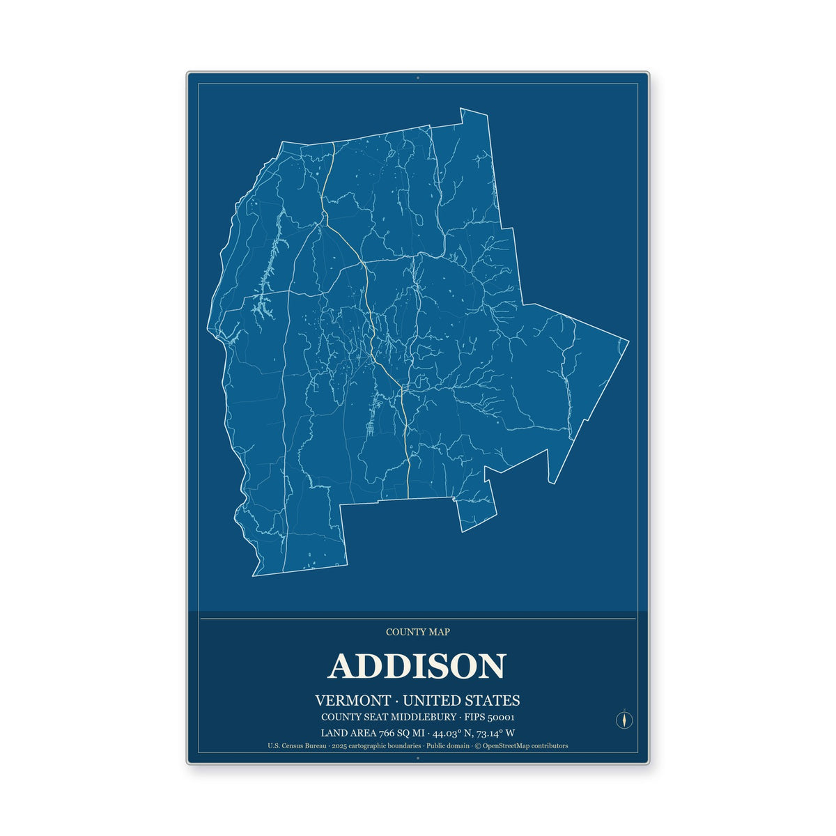 Addison County, Vermont Map Aluminum Sign in Harbor Cobalt style
