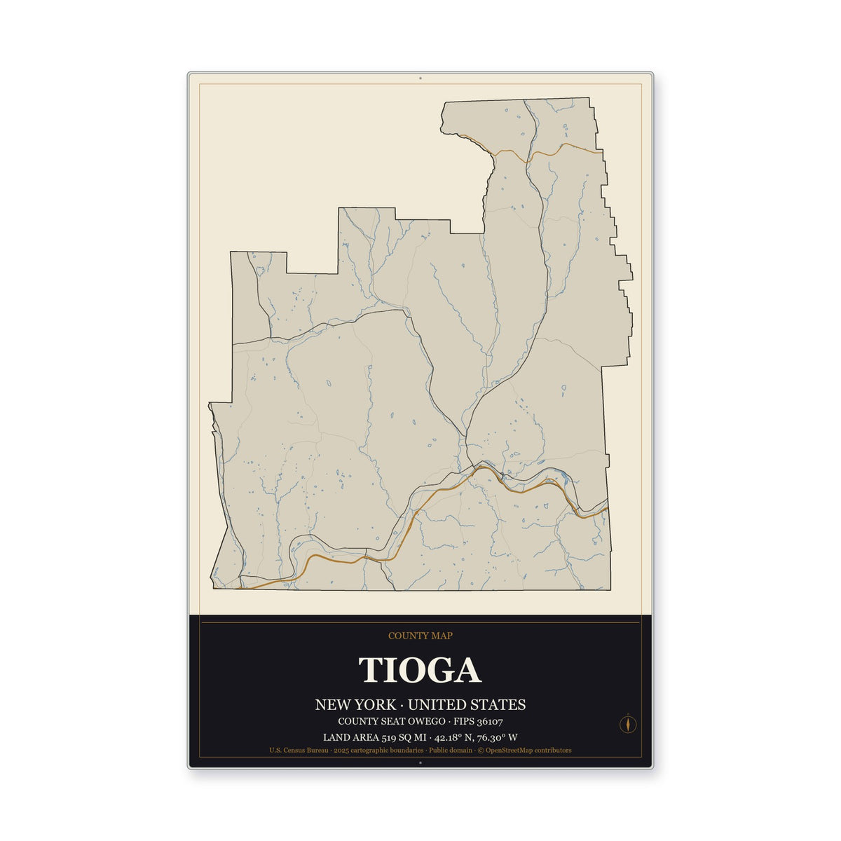 Tioga County, New York Map Aluminum Sign in Museum Plaque style