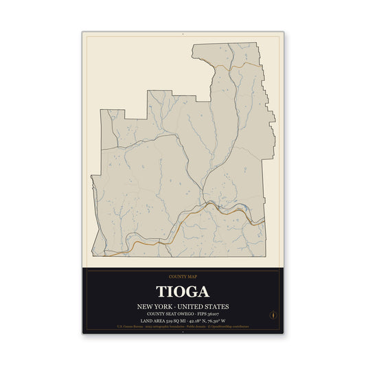 Tioga County, New York Map Aluminum Sign in Museum Plaque style