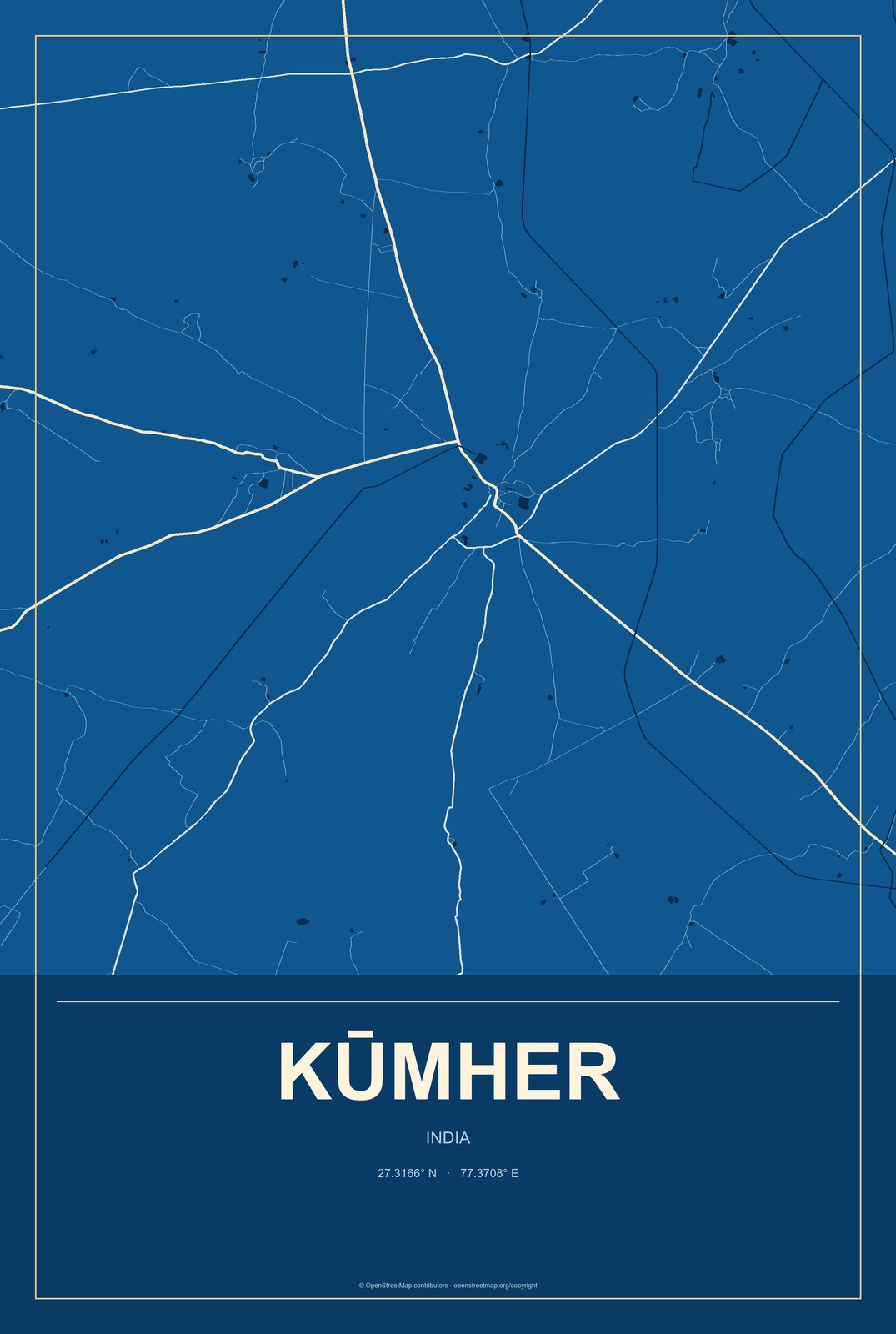 Kūmher, India City Map Aluminum Sign in Harbor Cobalt style