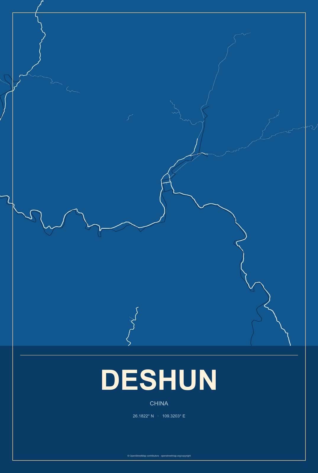 Deshun, China City Map Aluminum Sign in Harbor Cobalt style