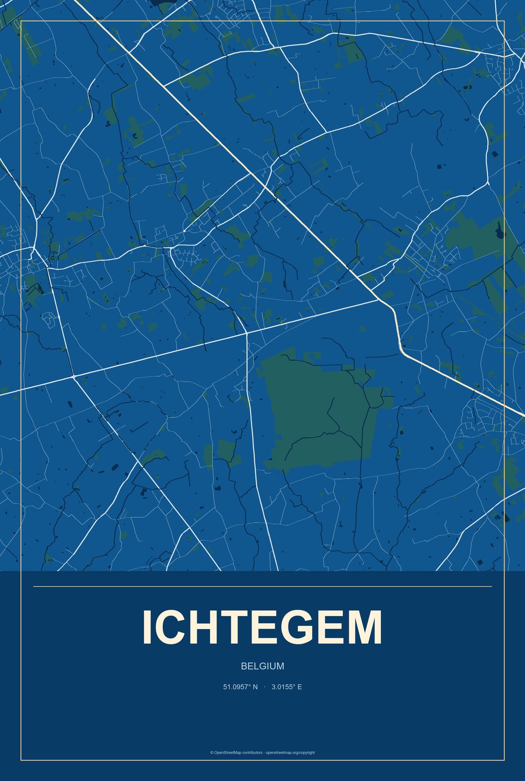 Ichtegem, Belgium City Map Aluminum Sign in Harbor Cobalt style