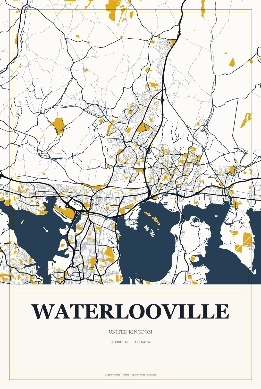 Waterlooville, United Kingdom City Map Aluminum Sign in Citrine Modern style