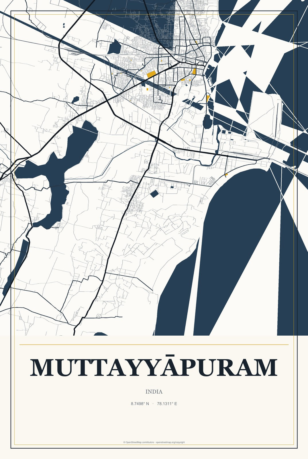 Muttayyāpuram, India City Map Aluminum Sign in Citrine Modern style