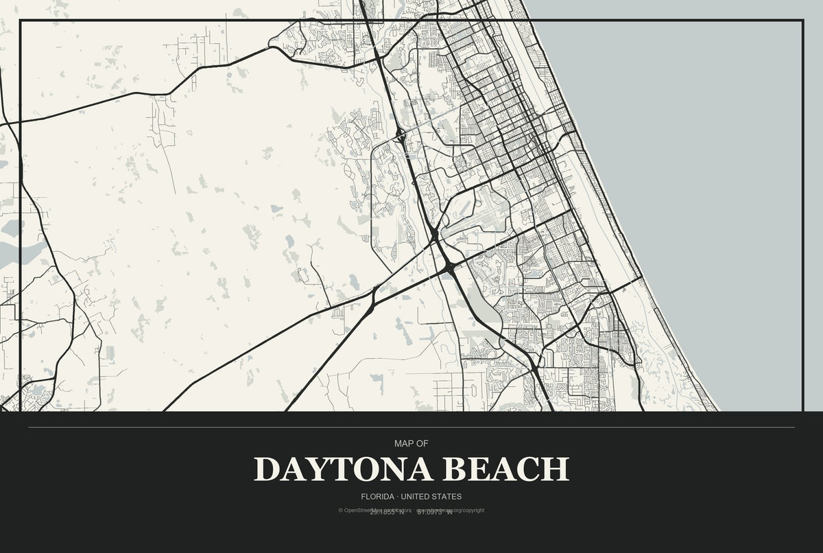 Daytona Beach, Florida City Map Aluminum Sign in Museum Plaque style
