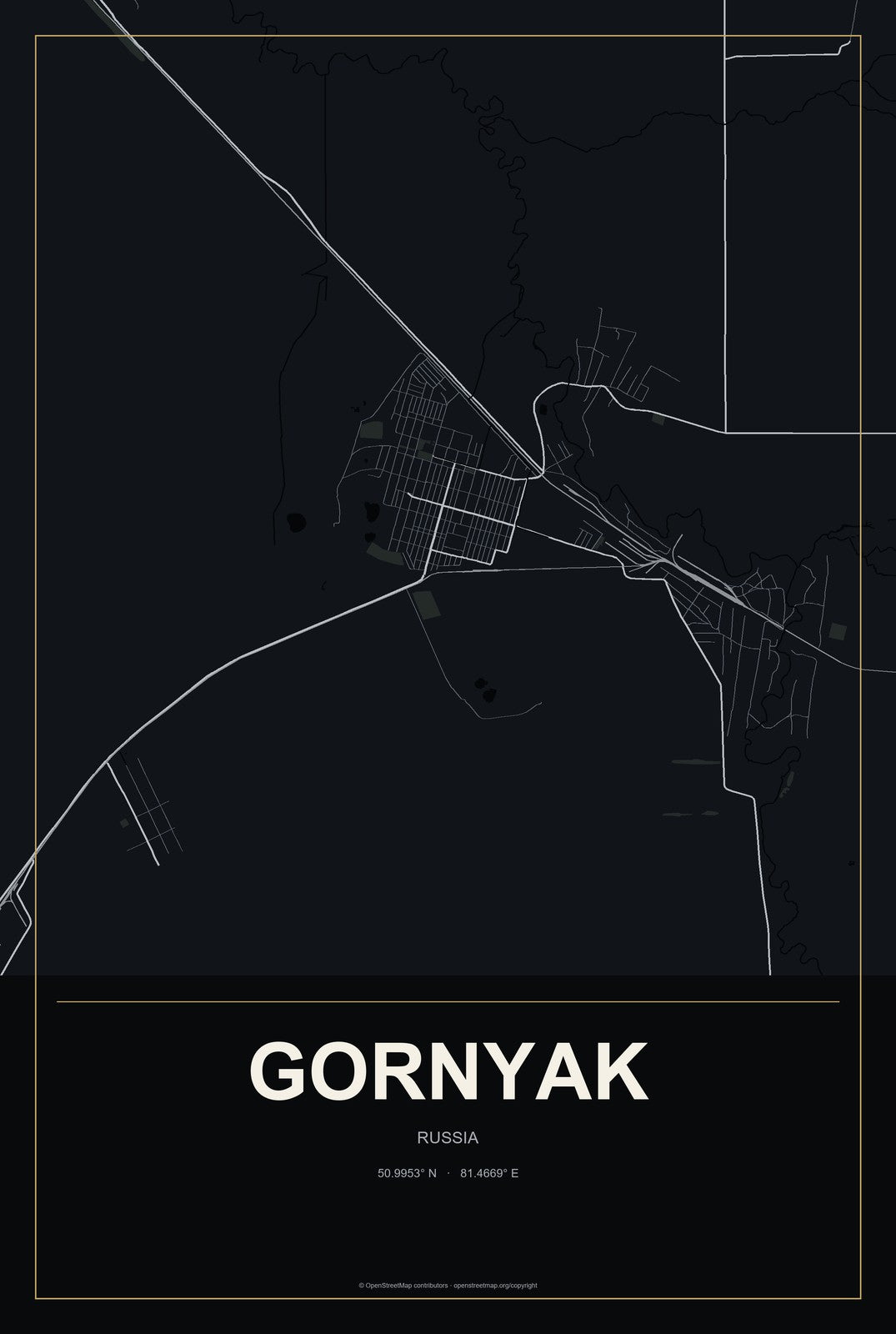 Gornyak, Russia City Map Aluminum Sign in Metropolitan Noir style