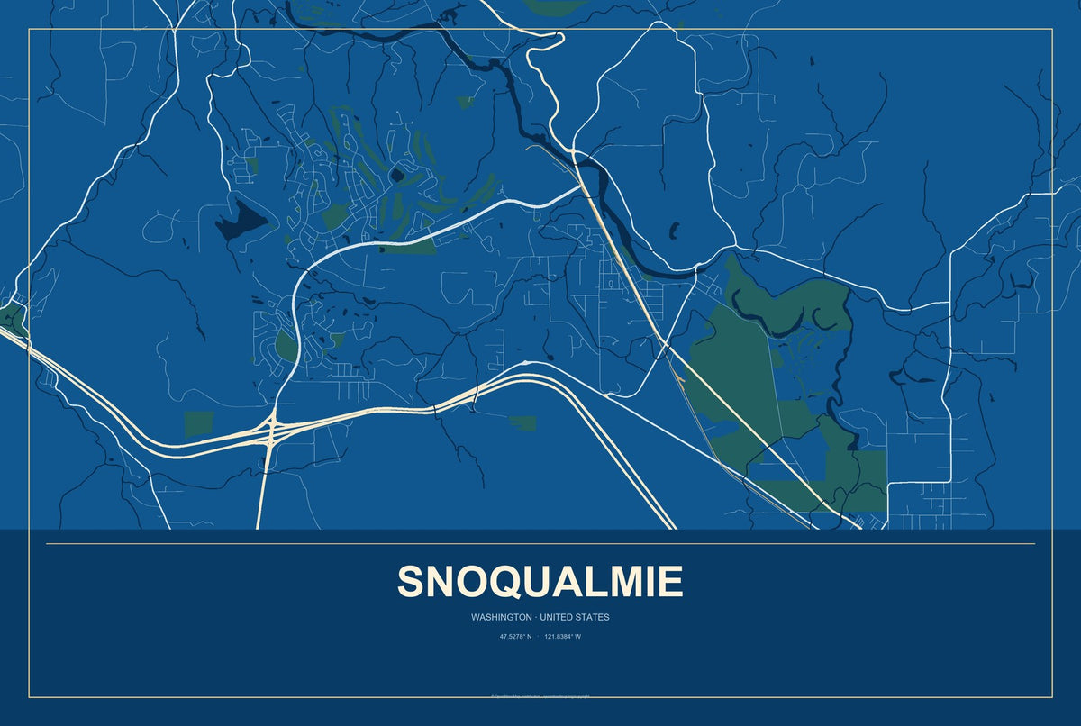 Snoqualmie, Washington City Map Aluminum Sign in Harbor Cobalt style