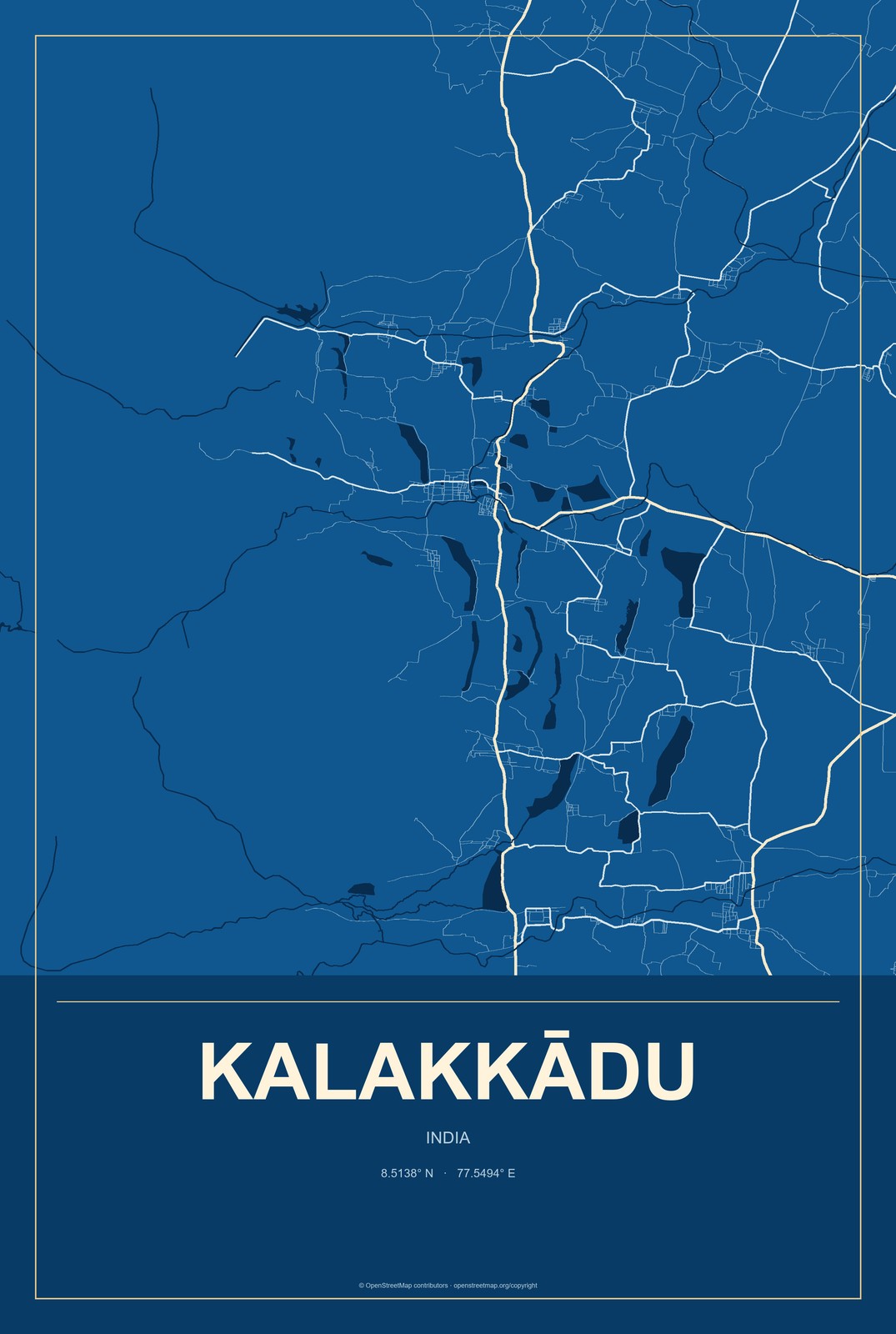 Kalakkādu, India City Map Aluminum Sign in Harbor Cobalt style