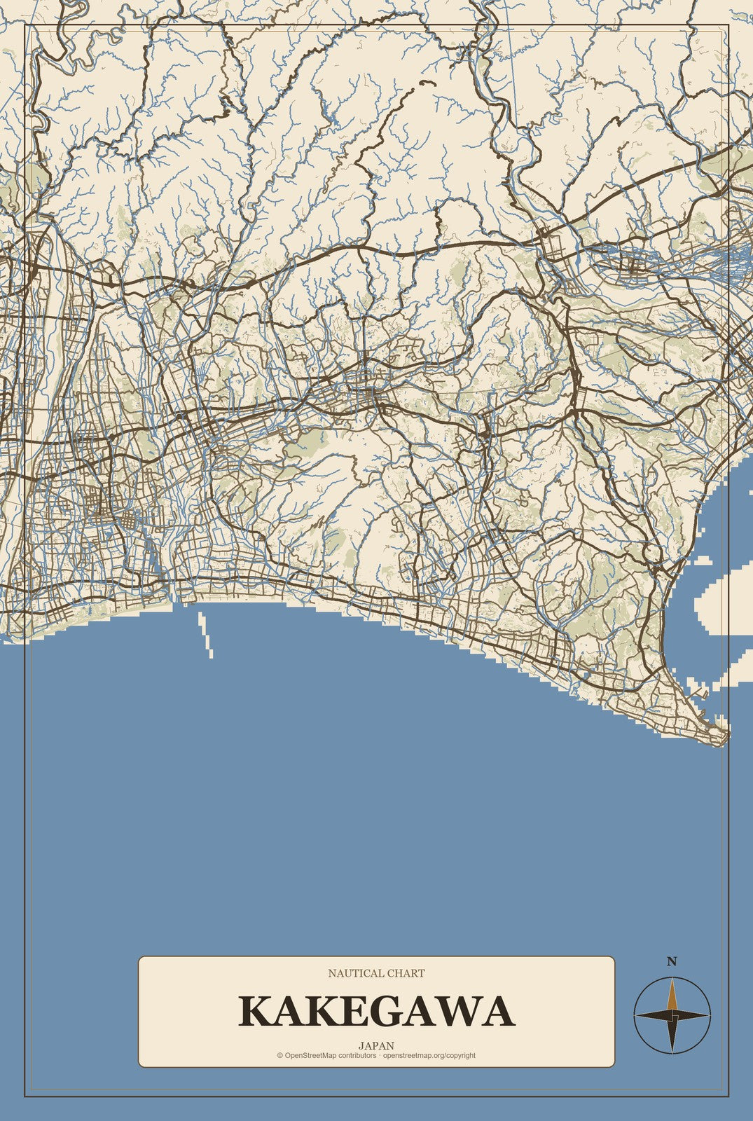 Kakegawa, Japan City Map Aluminum Sign in Heritage Nautical style