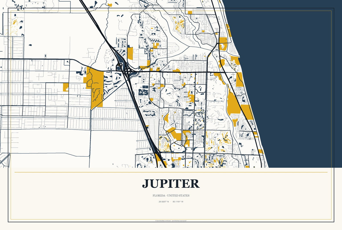 Jupiter, Florida City Map Aluminum Sign in Citrine Modern style