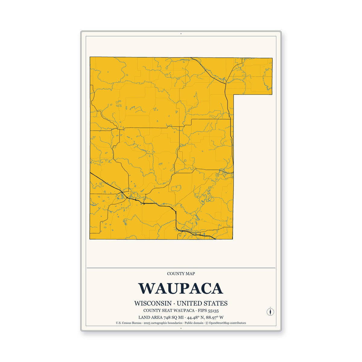Waupaca County, Wisconsin Map Aluminum Sign in Citrine Modern style