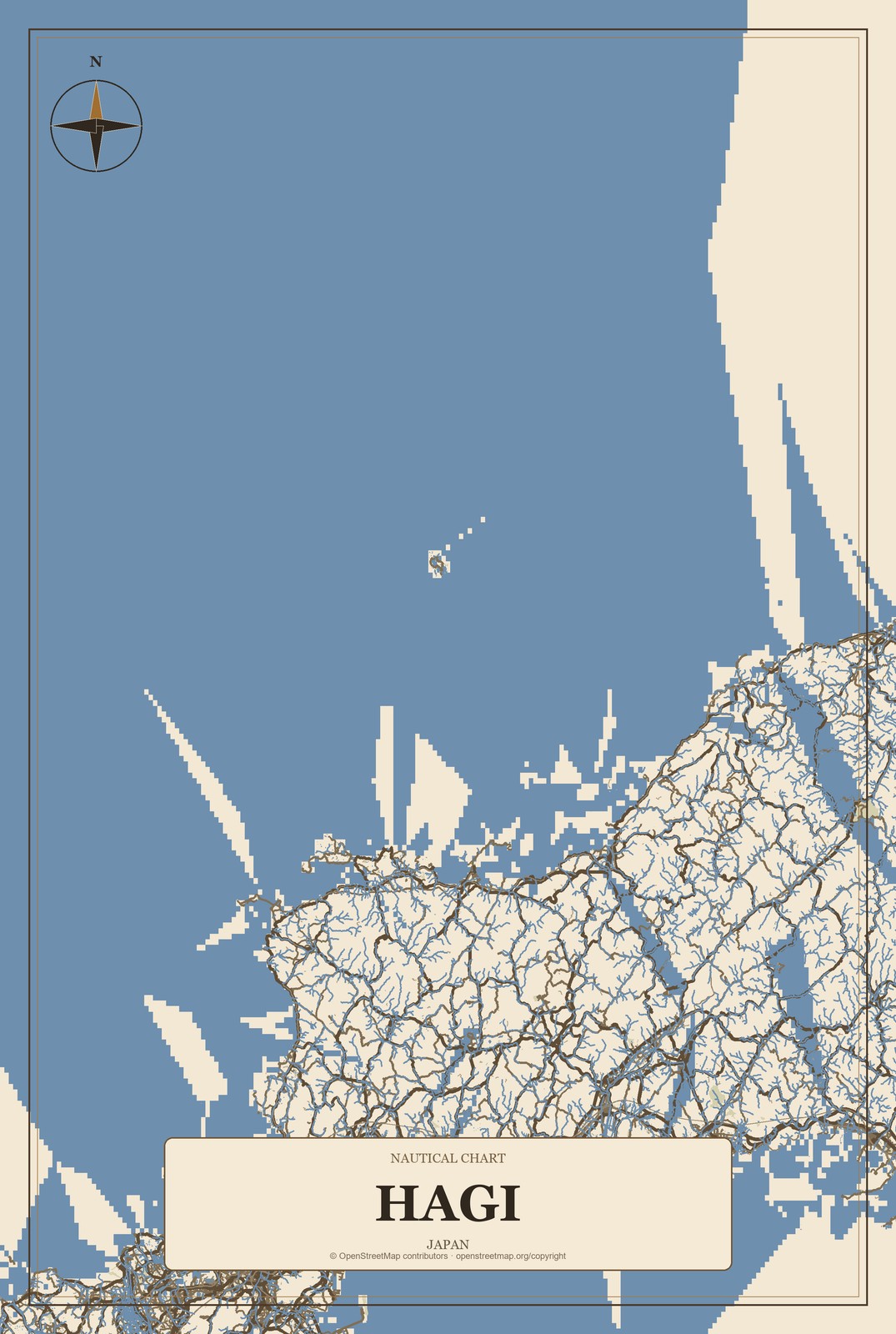 Hagi, Japan City Map Aluminum Sign in Heritage Nautical style