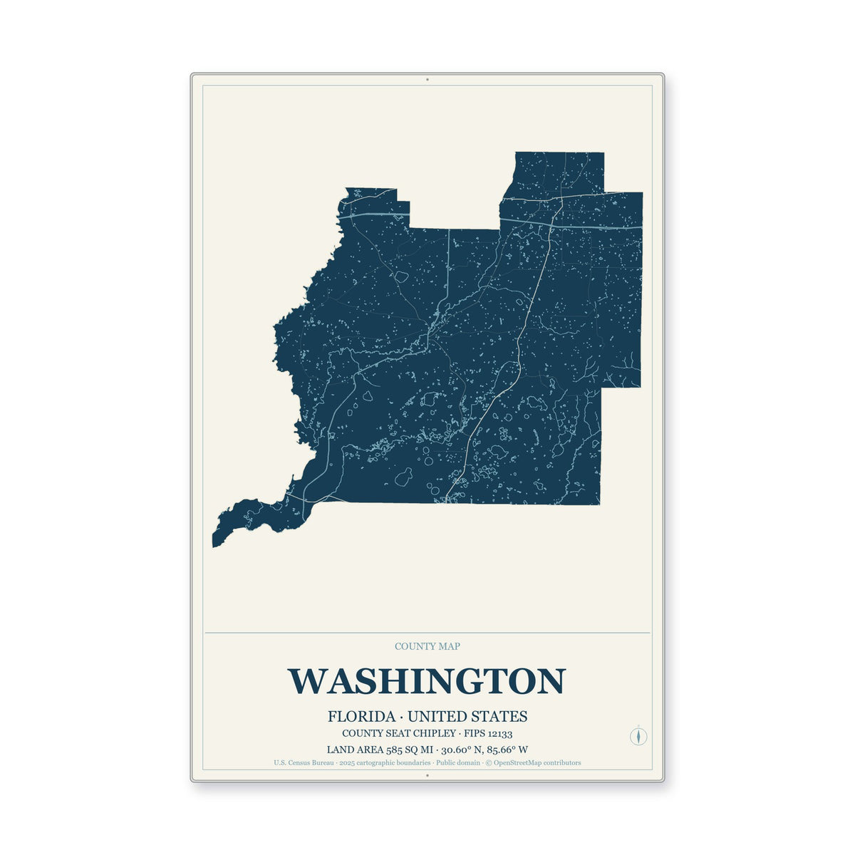 Washington County, Florida Map Aluminum Sign in Coastal Cutout style
