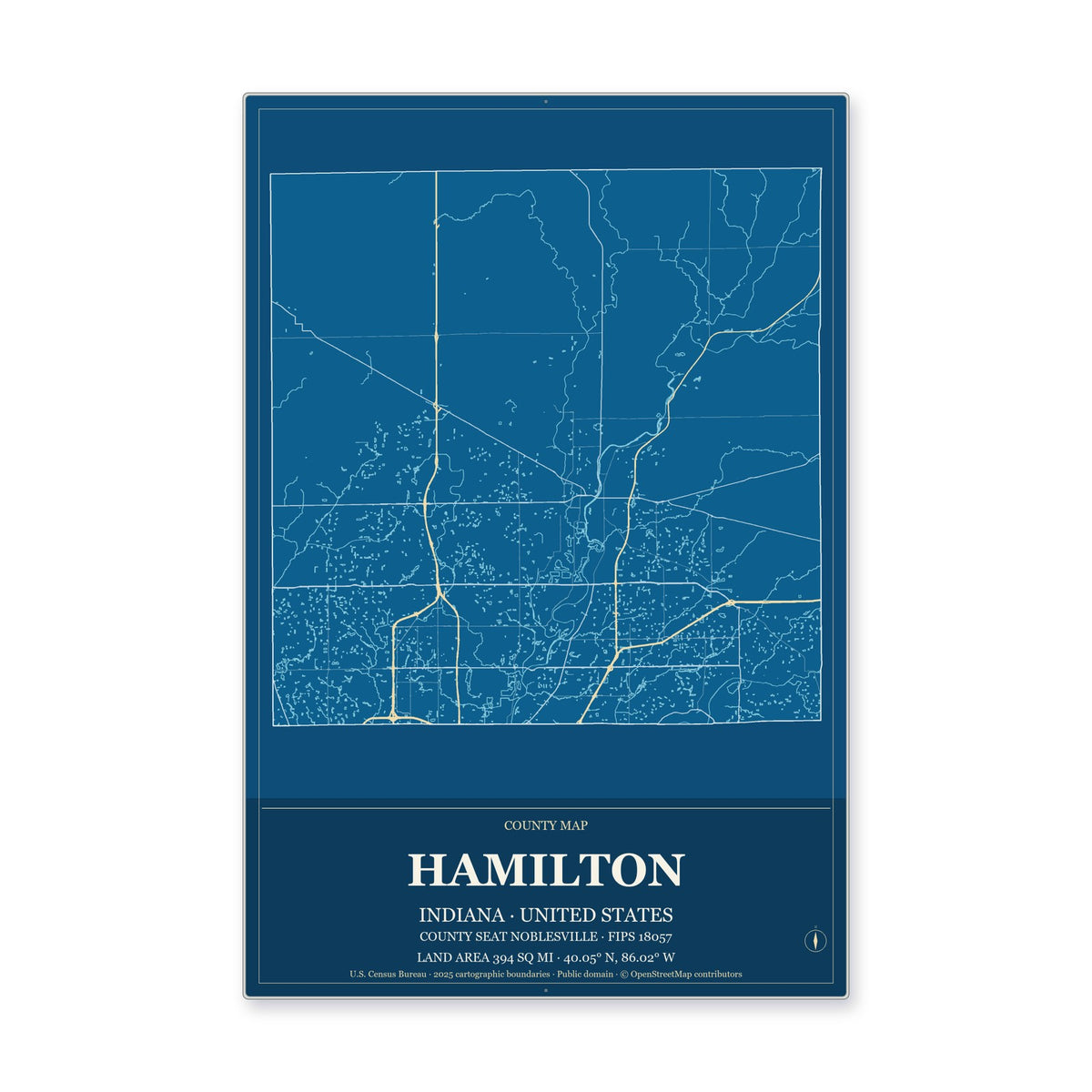 Hamilton County, Indiana Map Aluminum Sign in Harbor Cobalt style