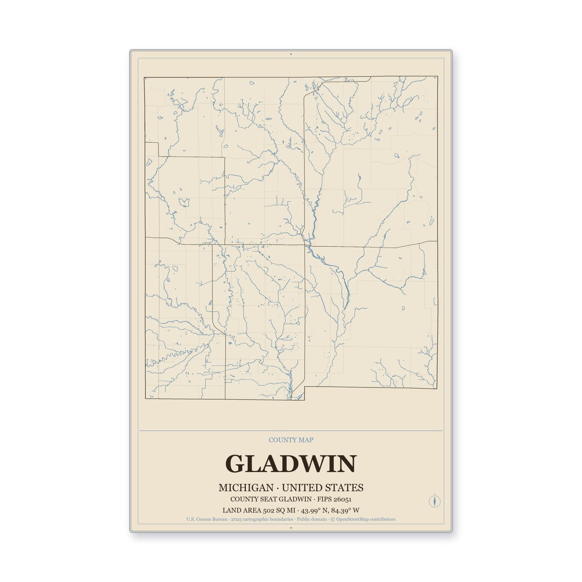 Gladwin County, Michigan Map Aluminum Sign in Heritage Nautical style