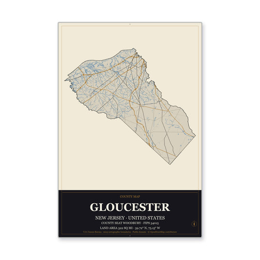 Gloucester County, New Jersey Map Aluminum Sign in Museum Plaque style