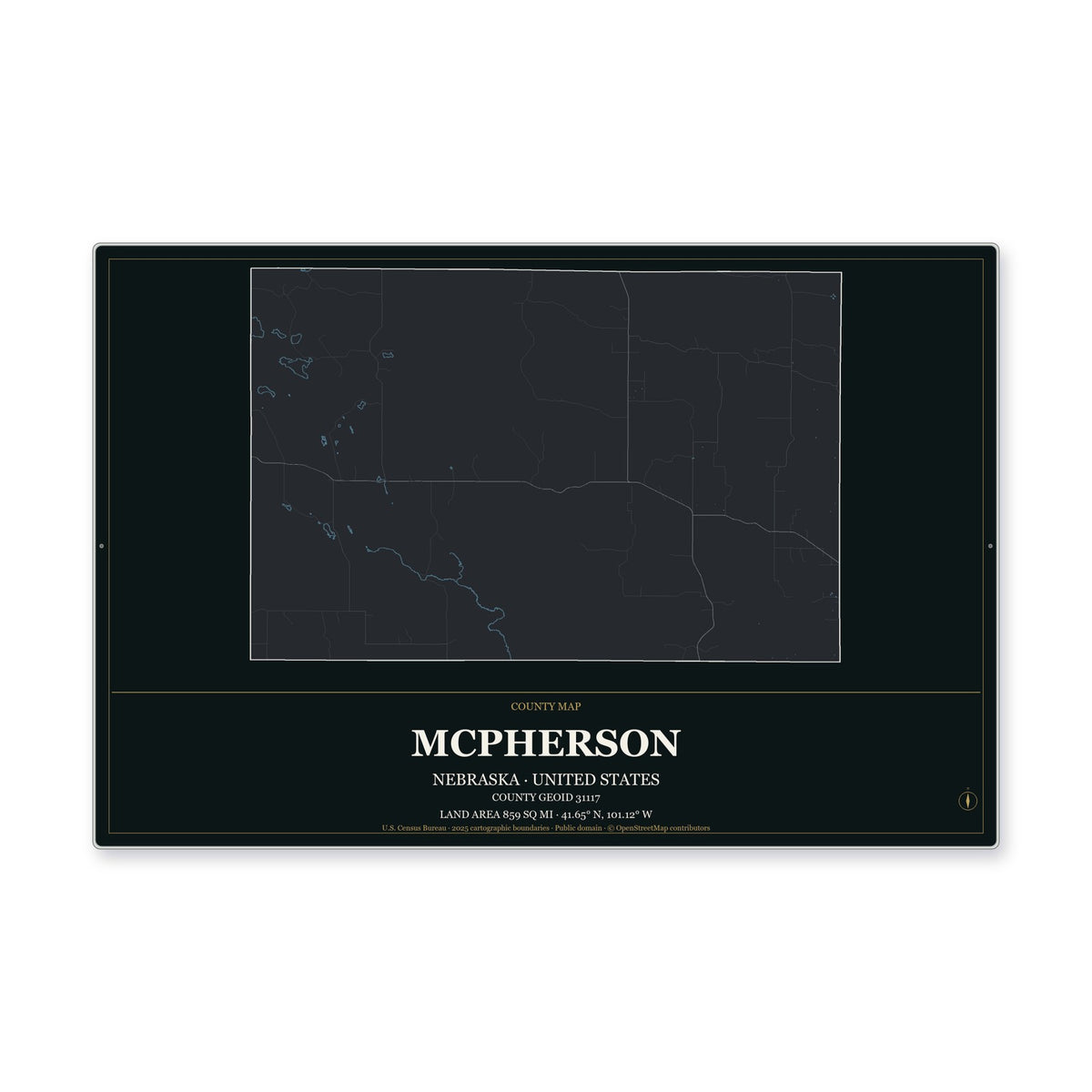 McPherson County, Nebraska Map Aluminum Sign in Metropolitan Noir style