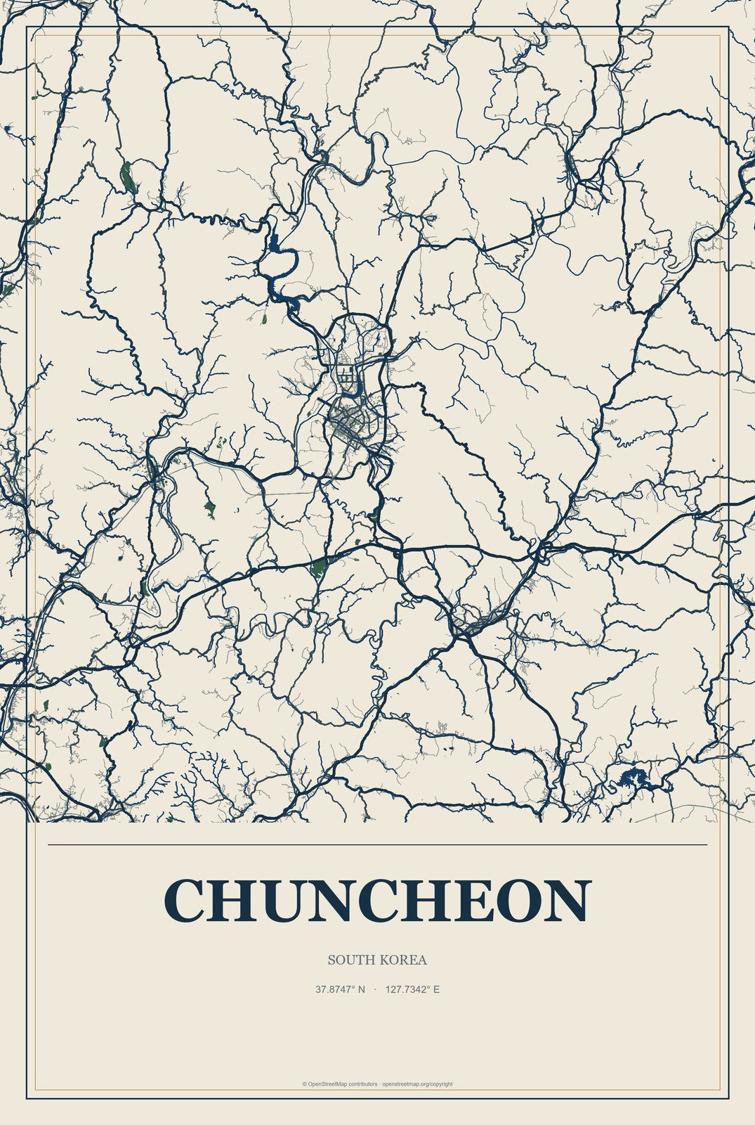 Chuncheon, South Korea City Map Aluminum Sign in Coastal Cutout style