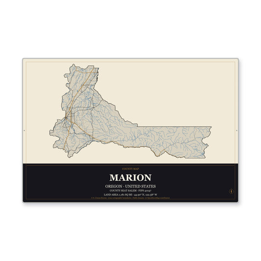 Marion County, Oregon Map Aluminum Sign in Museum Plaque style