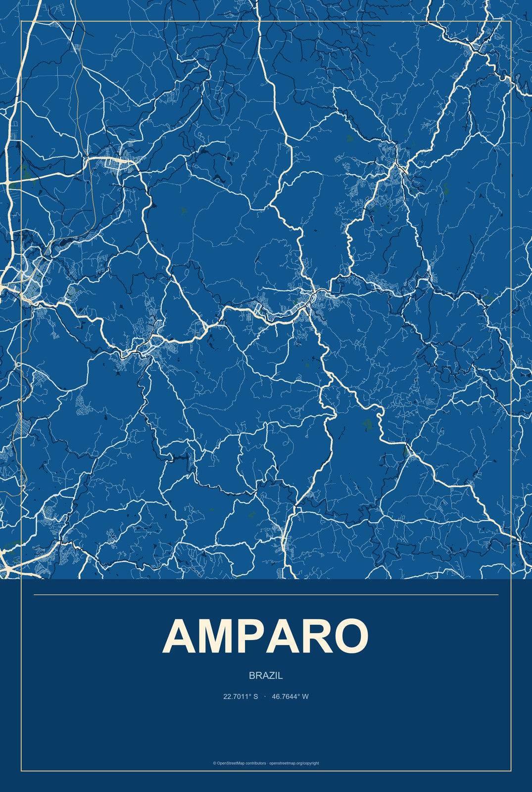 Amparo, Brazil City Map Aluminum Sign in Harbor Cobalt style