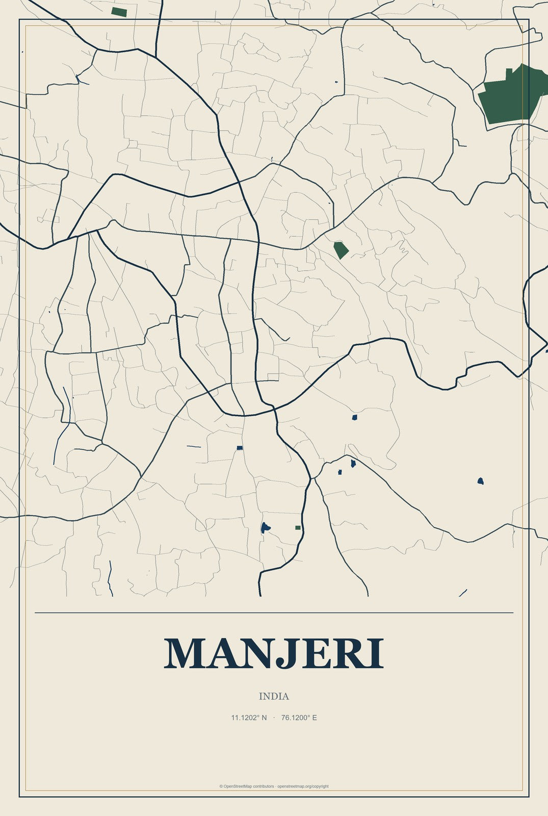 Manjeri, India City Map Aluminum Sign in Coastal Cutout style