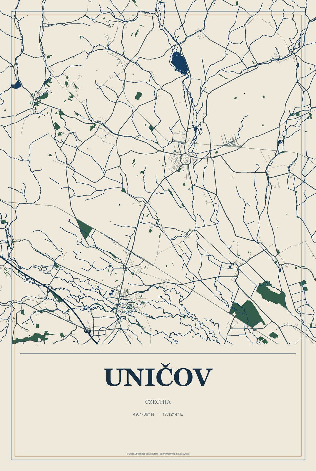 Uničov, Czechia City Map Aluminum Sign in Coastal Cutout style