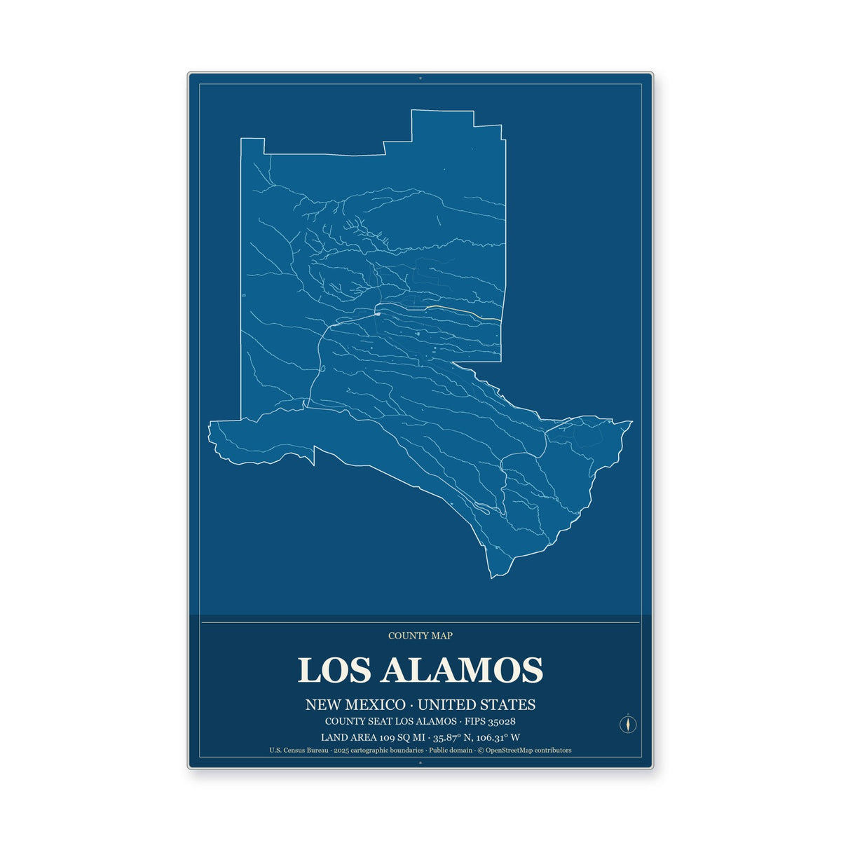 Los Alamos County, New Mexico Map Aluminum Sign in Harbor Cobalt style