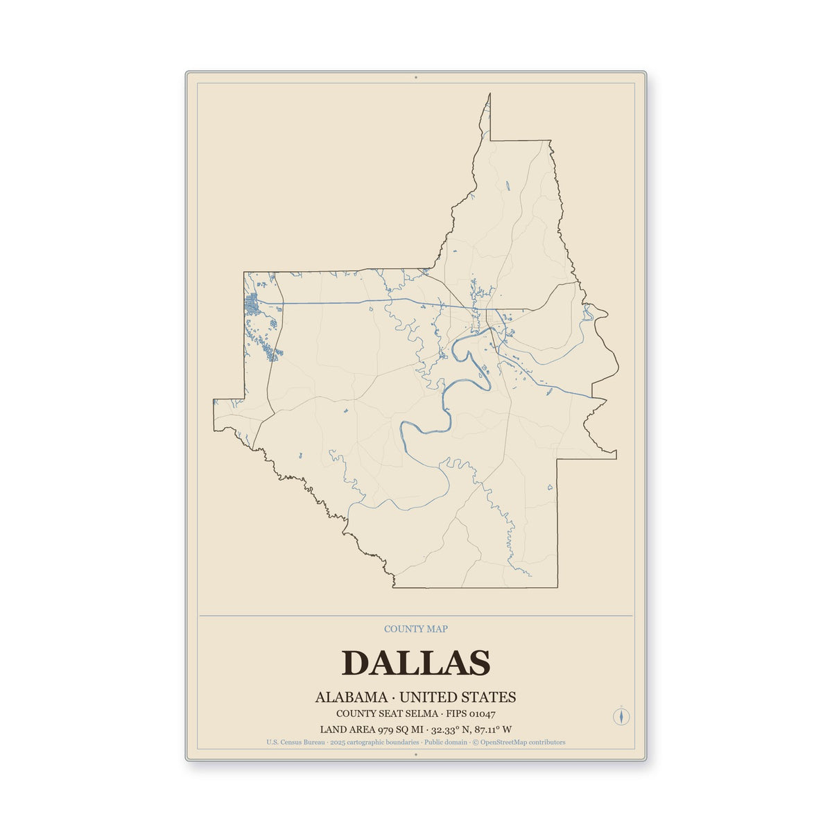 Dallas County, Alabama Map Aluminum Sign in Heritage Nautical style