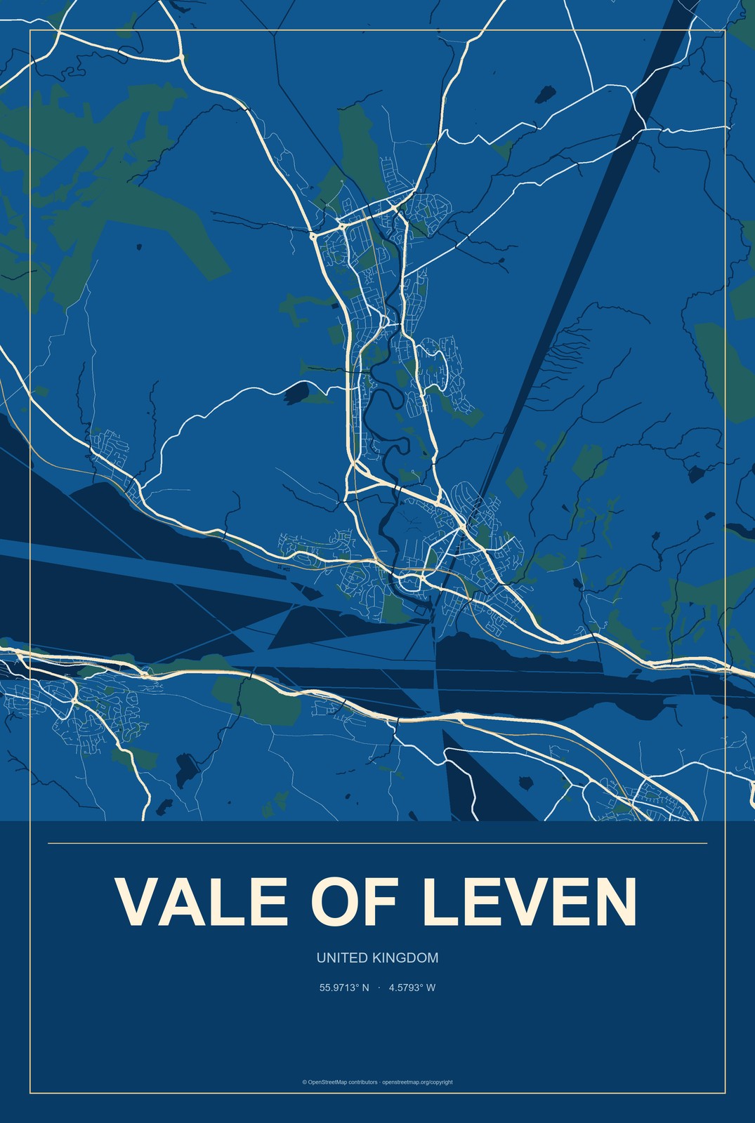 Vale of Leven, United Kingdom City Map Aluminum Sign in Harbor Cobalt style