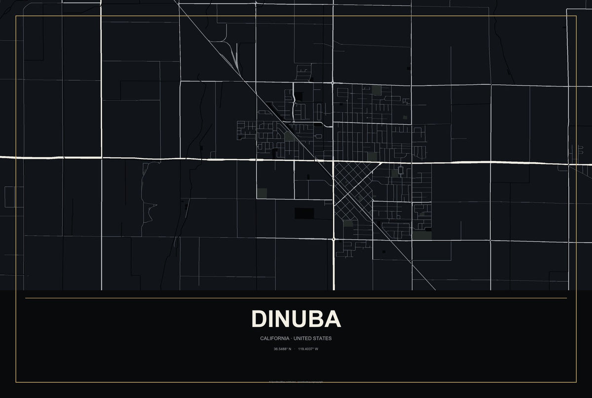 Dinuba, California City Map Aluminum Sign in Metropolitan Noir style