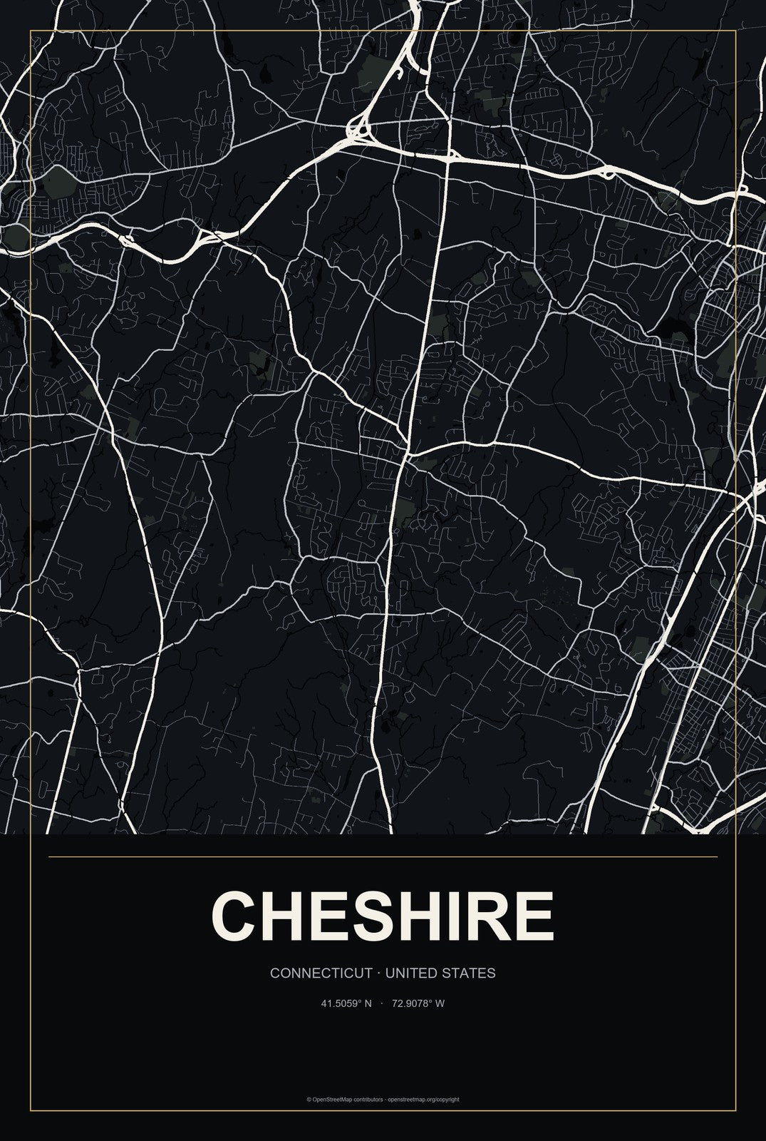 Cheshire, Connecticut City Map Aluminum Sign in Metropolitan Noir style