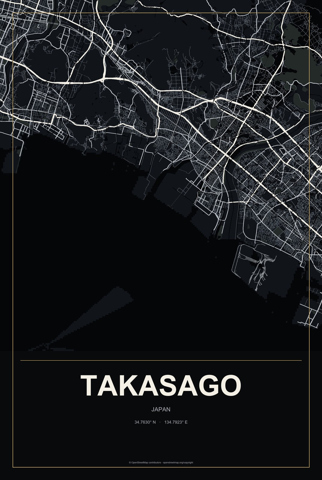 Takasago, Japan City Map Aluminum Sign in Metropolitan Noir style