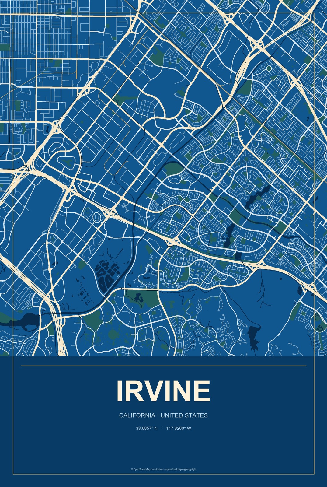 Irvine, California City Map Aluminum Sign in Harbor Cobalt style