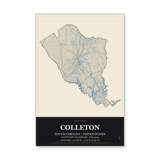 Colleton County, South Carolina Map Aluminum Sign in Museum Plaque style