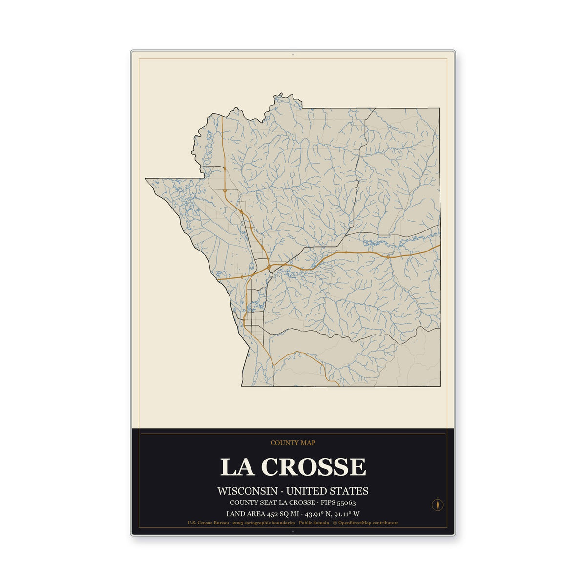 La Crosse County, Wisconsin Map Aluminum Sign in Museum Plaque style