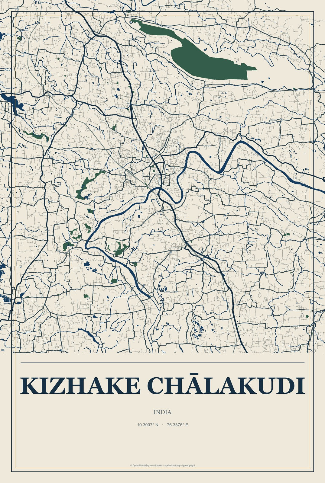 Kizhake Chālakudi, India City Map Aluminum Sign in Coastal Cutout style