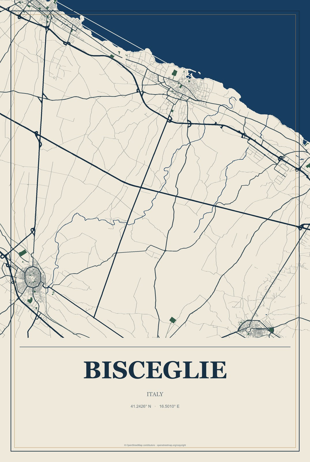Bisceglie, Italy City Map Aluminum Sign in Coastal Cutout style