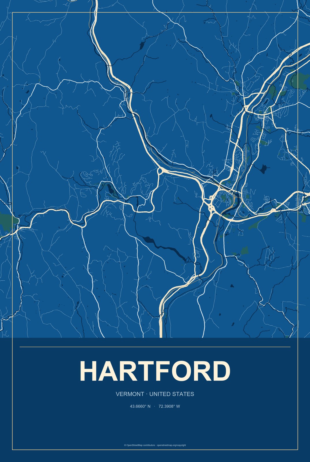 Hartford, Vermont City Map Aluminum Sign in Harbor Cobalt style