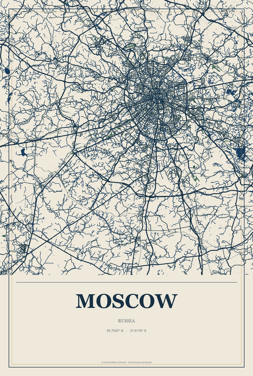 Moscow, Russia City Map Aluminum Sign in Coastal Cutout style