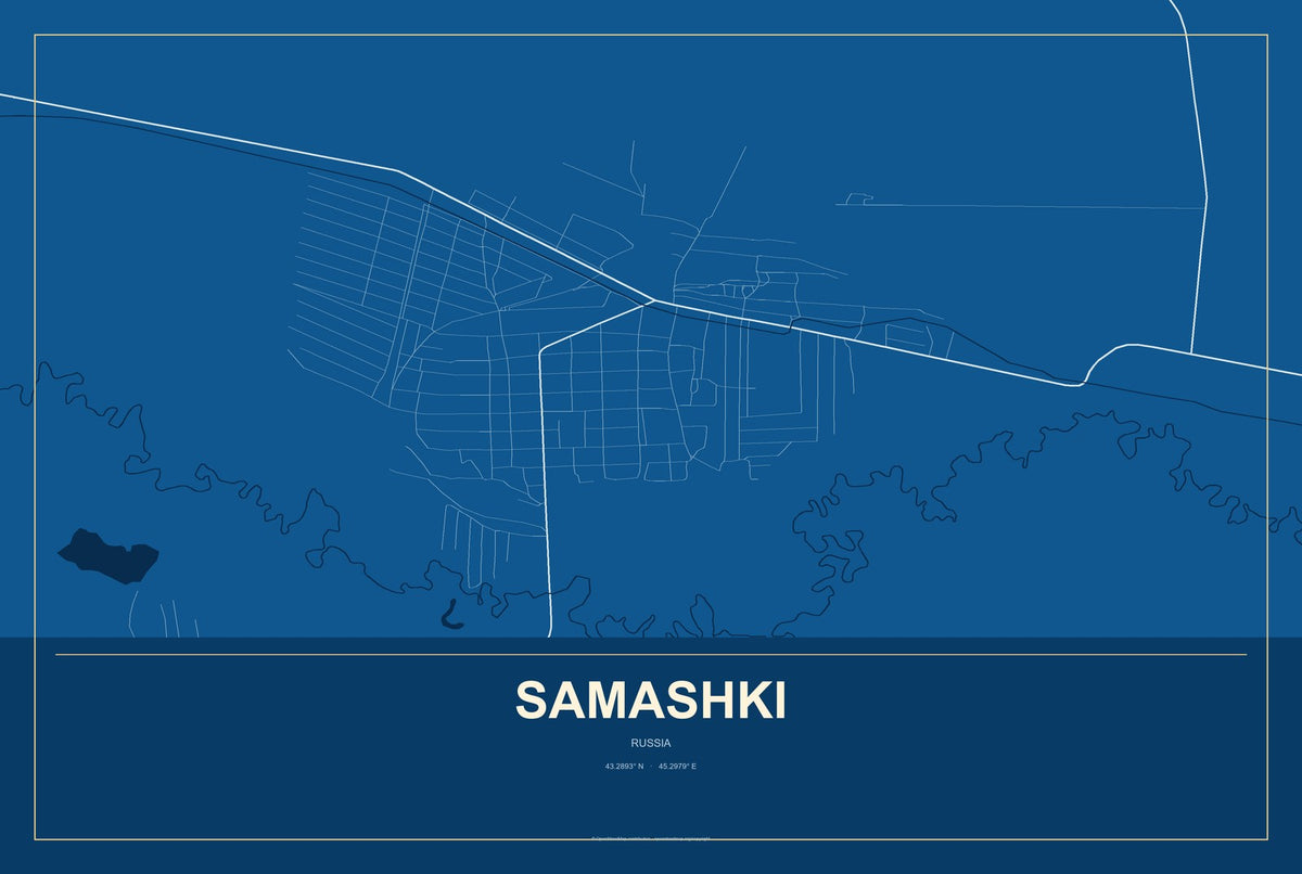 Samashki, Russia City Map Aluminum Sign in Harbor Cobalt style