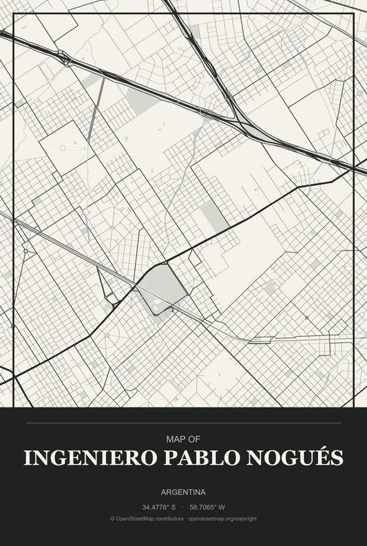 Ingeniero Pablo Nogués, Argentina City Map Aluminum Sign in Museum Plaque style