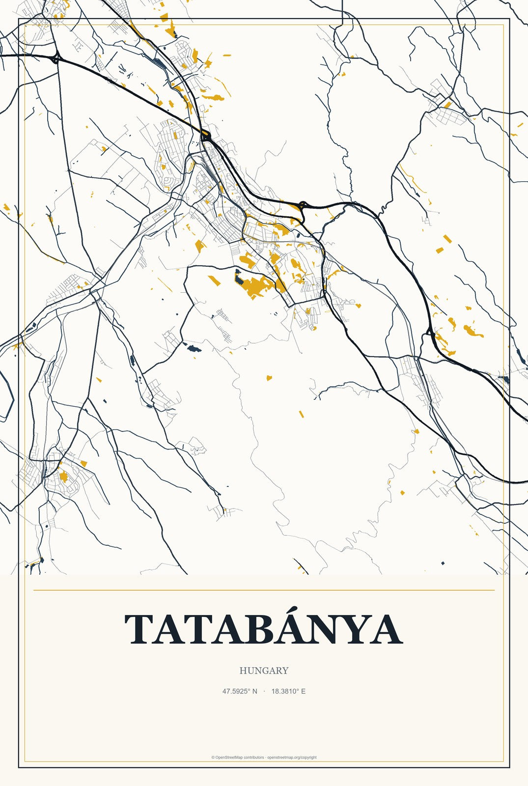 Tatabánya, Hungary City Map Aluminum Sign in Citrine Modern style