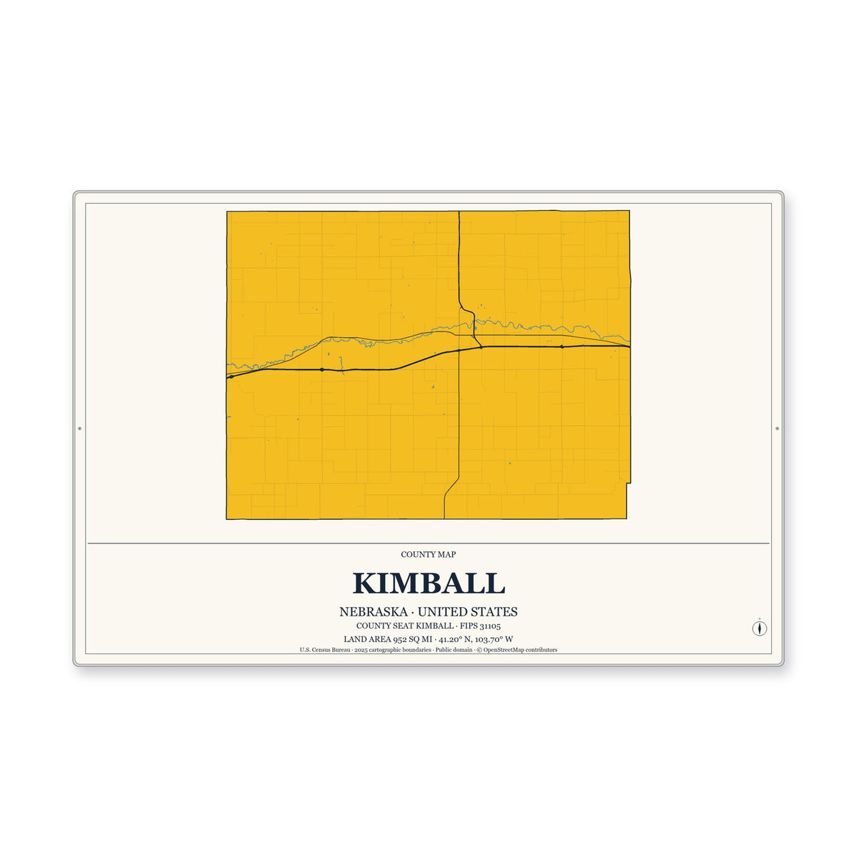 Kimball County, Nebraska Map Aluminum Sign in Citrine Modern style