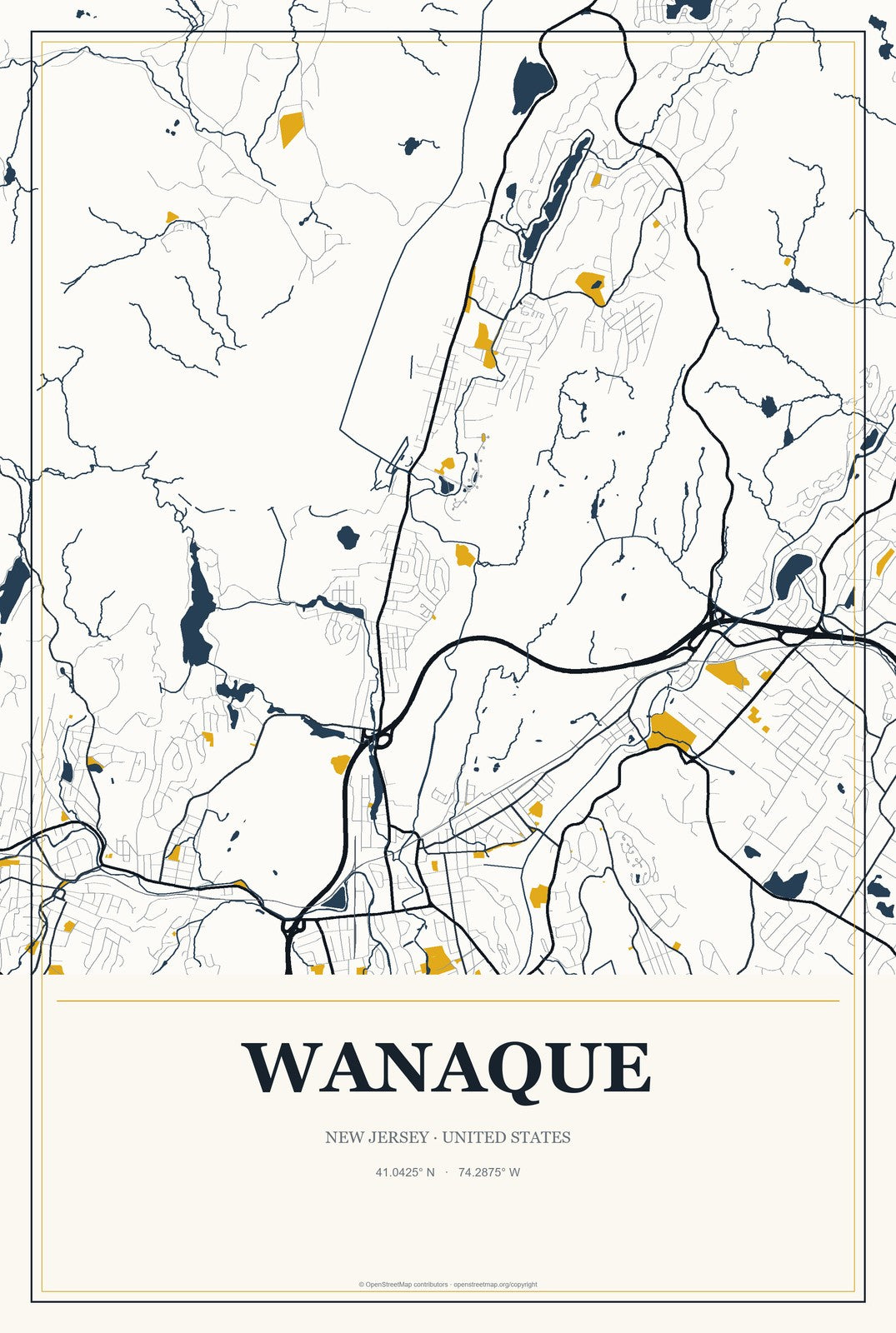 Wanaque, New Jersey City Map Aluminum Sign in Citrine Modern style